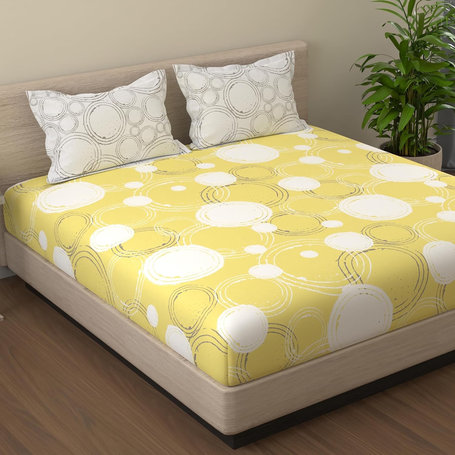 1 King Bedsheet With 2 Pillow Covers - 108 X 108 Inches, Yellow & Off White | Beautiful Print & Luxury Look Bedsheet | Cotton Bedsheet Is Naturally Comfortable
