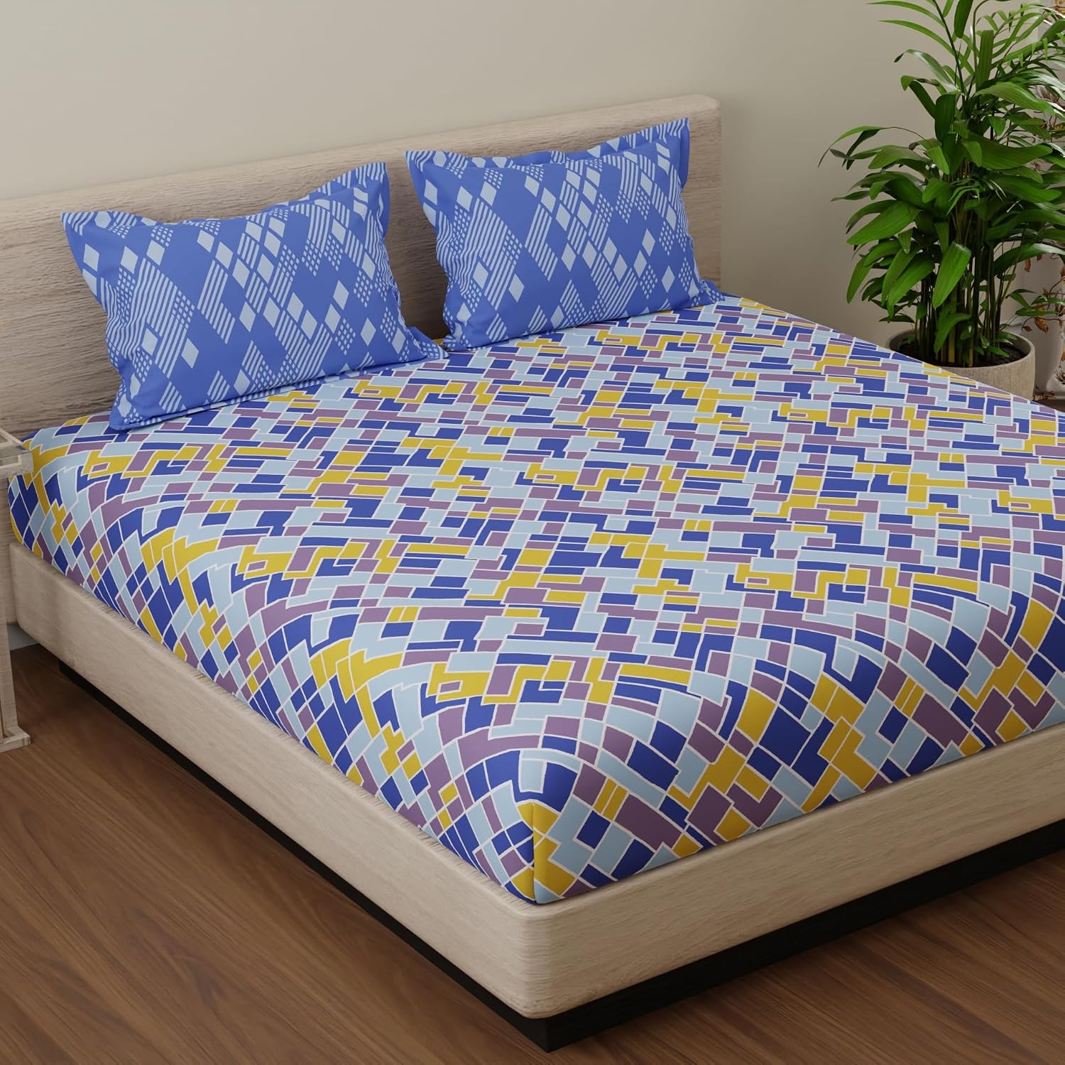 Cotton 144 TC Bedsheets For Double Bed With 2 Pillow Covers | Long Lasting & Soft To Touch - Soft & Comfortable | Queen Size - 88 X 96 Inches, Blue & Yellow