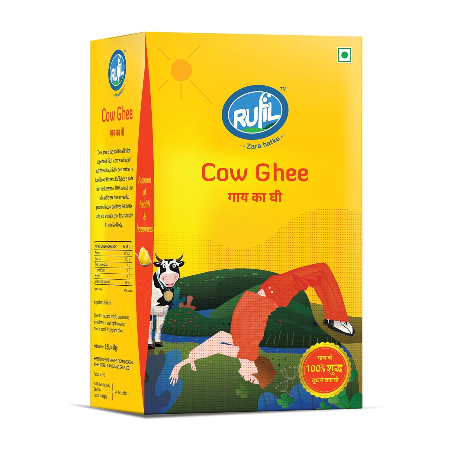 100% Natural Cow Ghee By Rufil | Delicious & Nutritious Healthy Desi Cow Ghee For Protact Eyesight | (500ml) 16.9 Ounce | Box Pack
