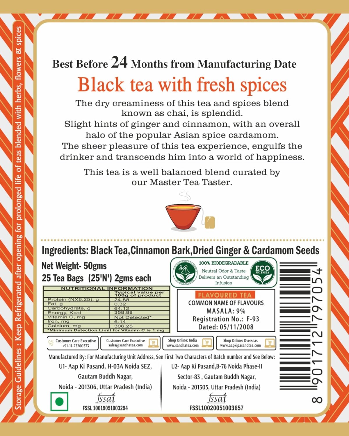 San-Cha Tea Boutique Masala Spiced Chai - 100gm, 3.5 Ounce, 25 Silky Pyramid Tea Bags | Original Masala Blend With Ginger, Cardamom & Cinnamon - Premium Assam Tea Blend | Medium Caffeine Loose Leaves