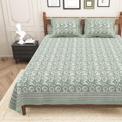 Pure Cotton King Size Bedsheet 2 Matching Pillow Covers | 100x108 Inches, White & Green | Traditional Jaipuri Printed Bedsheet | Ideal Wedding Gift, Housewarming, Special Occasion Surprise