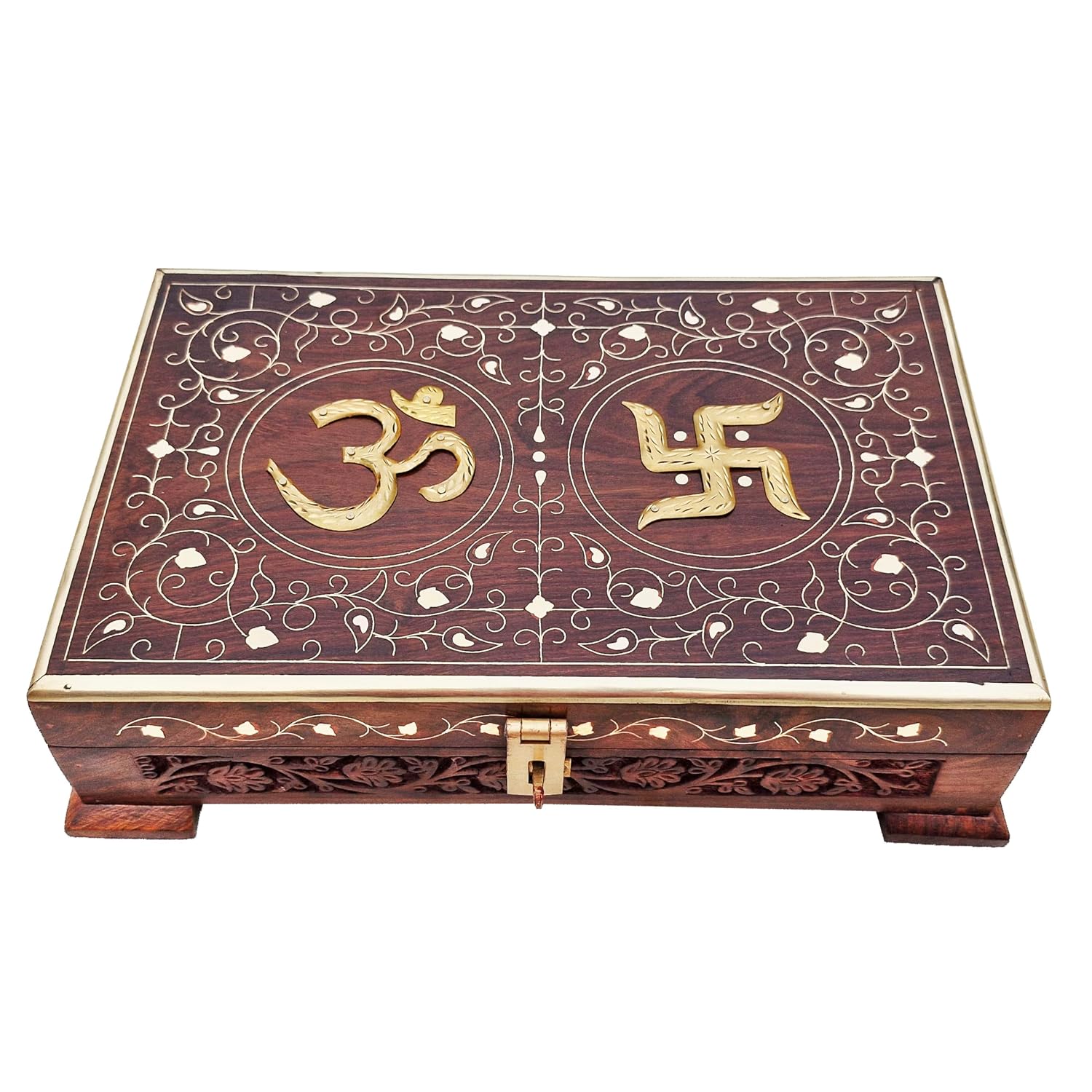 Wooden Om Box For Good Luck Jewellery Box Decorative Case Kit, Vanity, Organiser For Women, Necklaces, Cash, Gold Sparkling Edge Engraved,11 X 7, Colour - Brown, Material - Rosewood