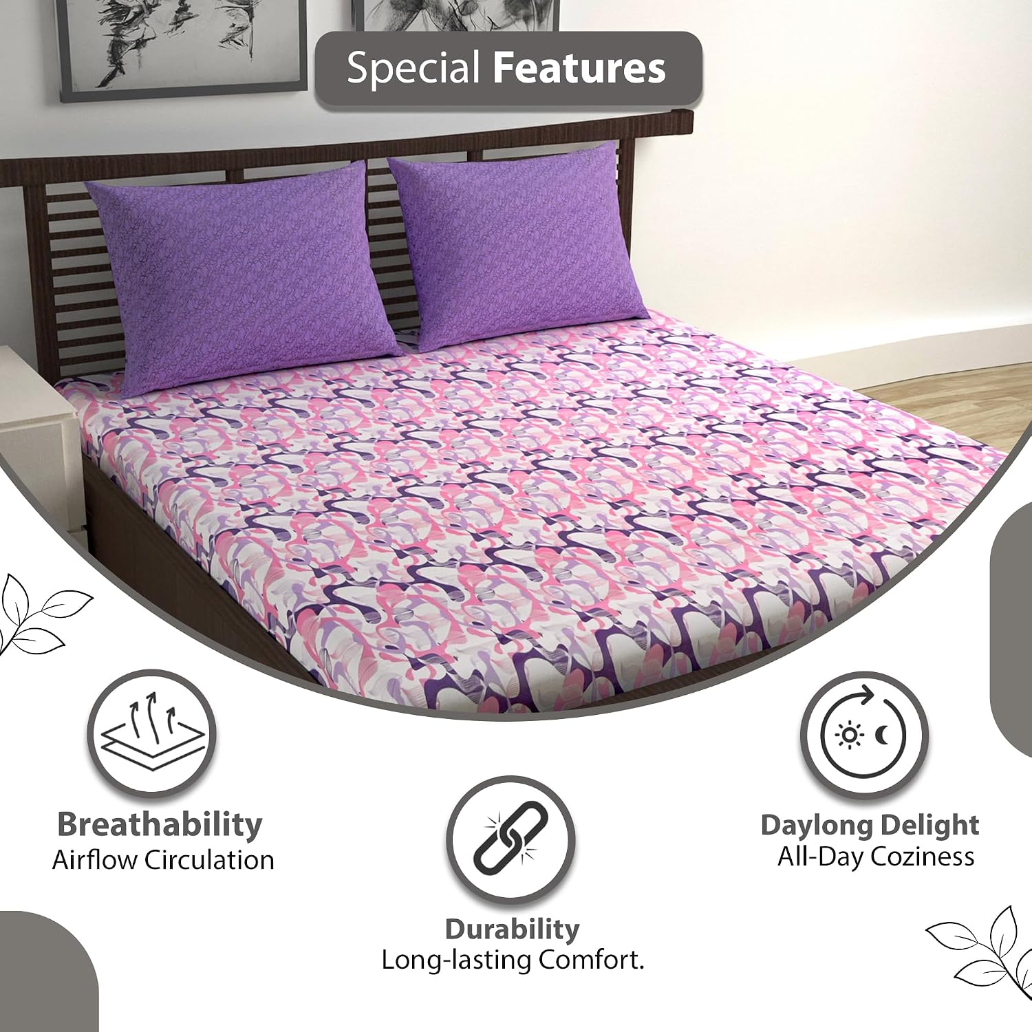 100% Pure Cotton Double Bedsheet For Queen With 2 Pillow Covers - 87 X 100 Inches, Lavender & Pink | Soft & Durable For Everyday Use & Bedroom - All Season Comfort