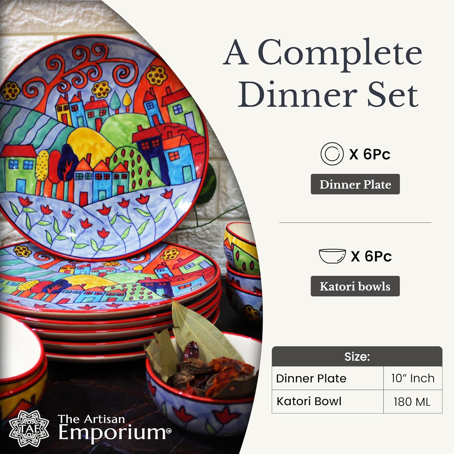 Exotic Panorama Hand Painted Ceramic Dinner Set - 12 Pieces, Multicolor | 6 Dinner Plates + 6 Katori Bowls, 180ml Each Dinnerware Set | Serving For 6, Microwave Safe & Dishwasher Safe