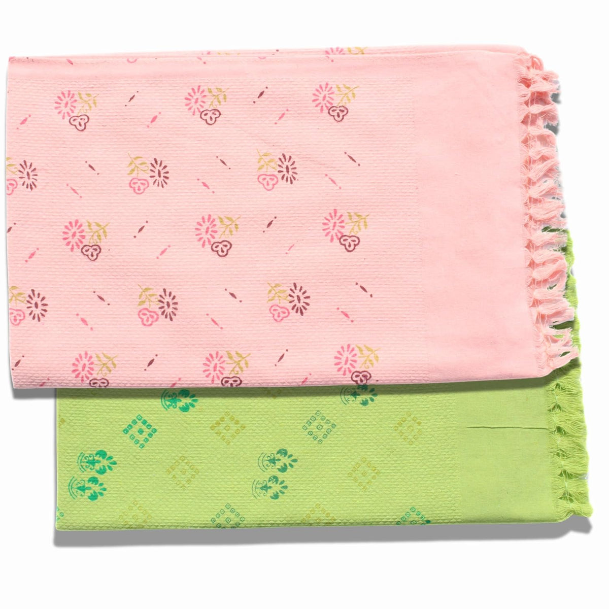 100% Printed Thin Towel 700 Gsm | Quick Dry & High Absorbent Thorthu Bath Cotton Towels (Green & Pink) - Set Of 2