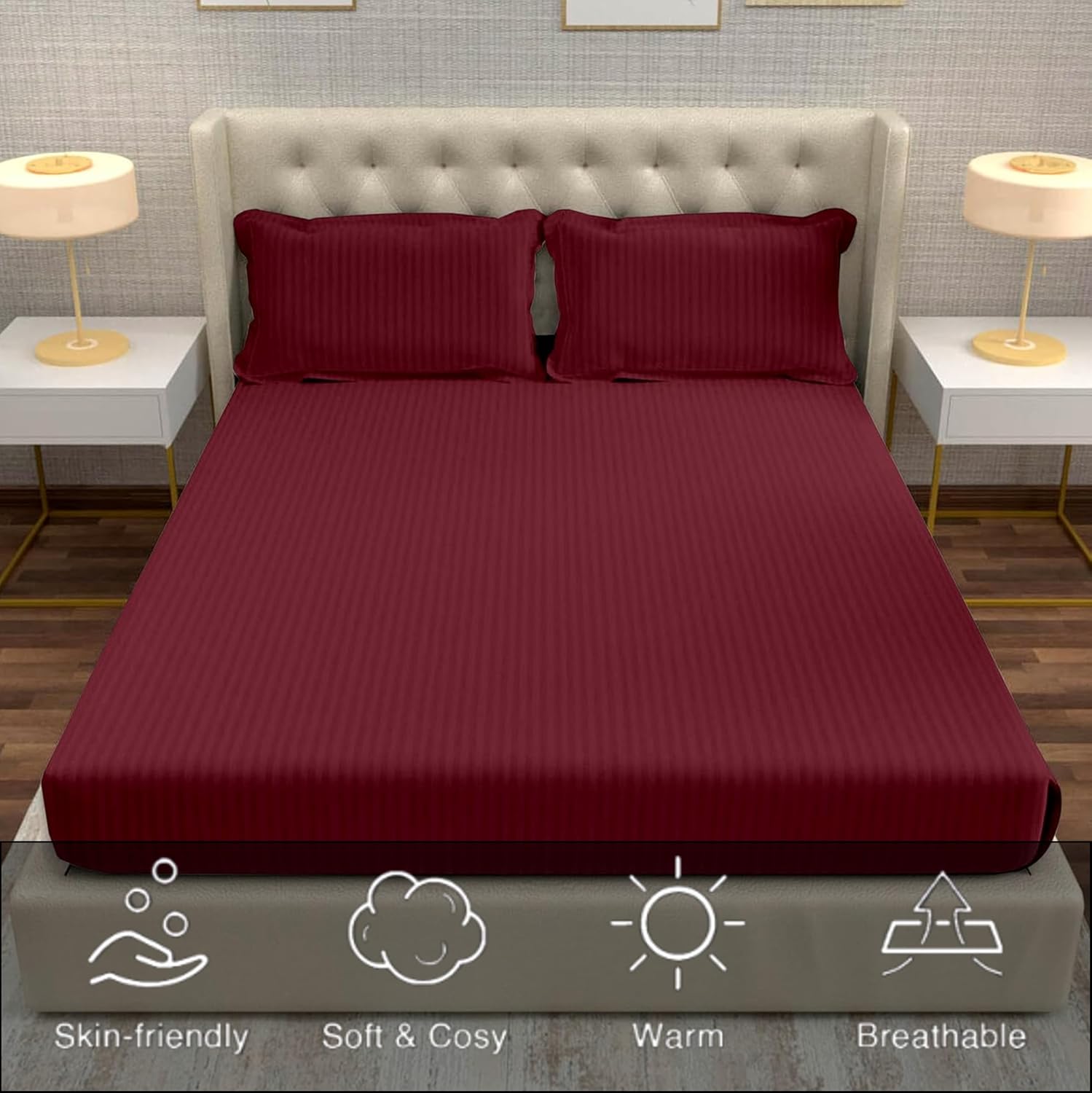 Striped Wine Bedsheet For King Size With 2 Pillow Cover (90 X 95 Inches) | Softer & Durable For All Season | Ideal For Daily Use Home Bedsheet