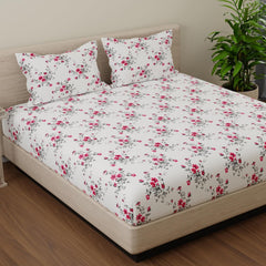 Print King Size Bedsheet With 2 Pillow Cover - 110 X 108 Inches, White & Pink | Soft & Comfortable Feel To Your Skin | Machine Wash In Cold Water