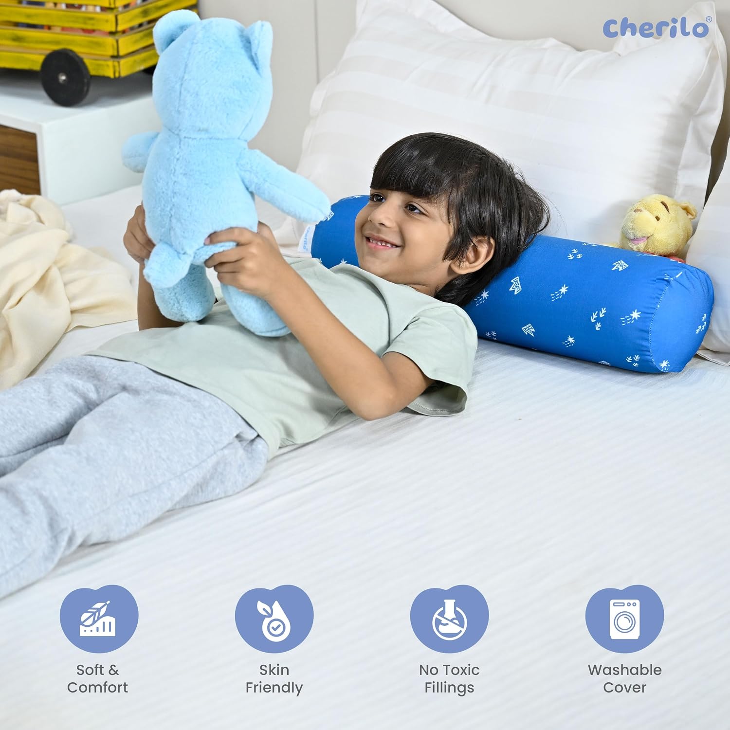 Memory Foam Soft Baby Bolster Pillow Cushion For Side & Neck Support, Blue | Removable & Washable Cover, Versatile Use, Comfortable & Restful Sleep, Portable, Lightweight Bed Pillow