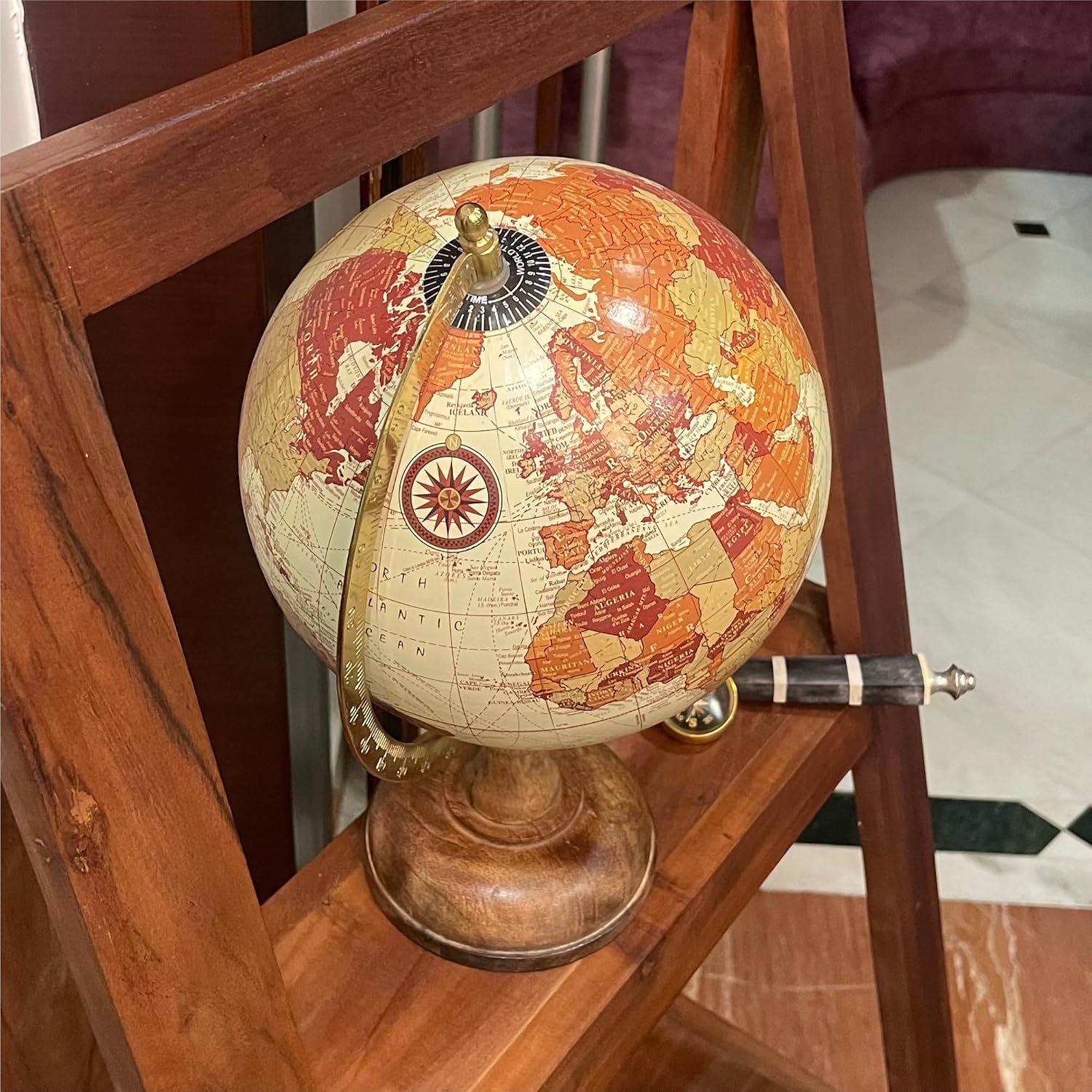 Antique Decorative Cream World Rotating Globe With Wood Base, Office, Table, Showpiece Gift, Kids & Students Learning Map, Pack Of 1