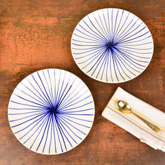 Ceramic Striped Dinner Serving Plates Set Of 2 - White & Blue, Diameter: 10 Inches | Ceramic Full Plates - Blue Kasa Line