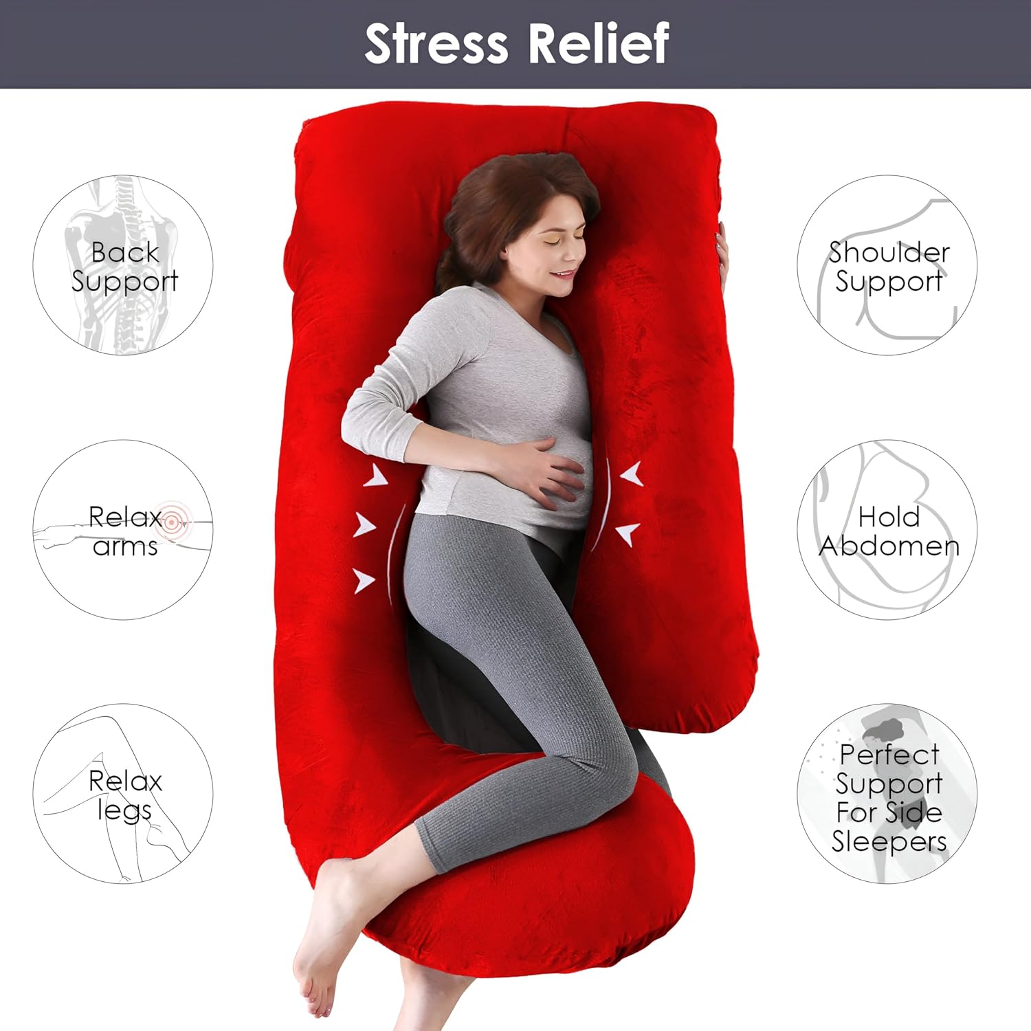 Pregnancy Pillow, Maternity Body Pillow For Sleeping, G Shaped Pillow, Red - 55 Inch | Full Body Pillow, Lightweight, Foldable, Breathable, Removable Velvet Cover, Adjustable - Pack Of 1