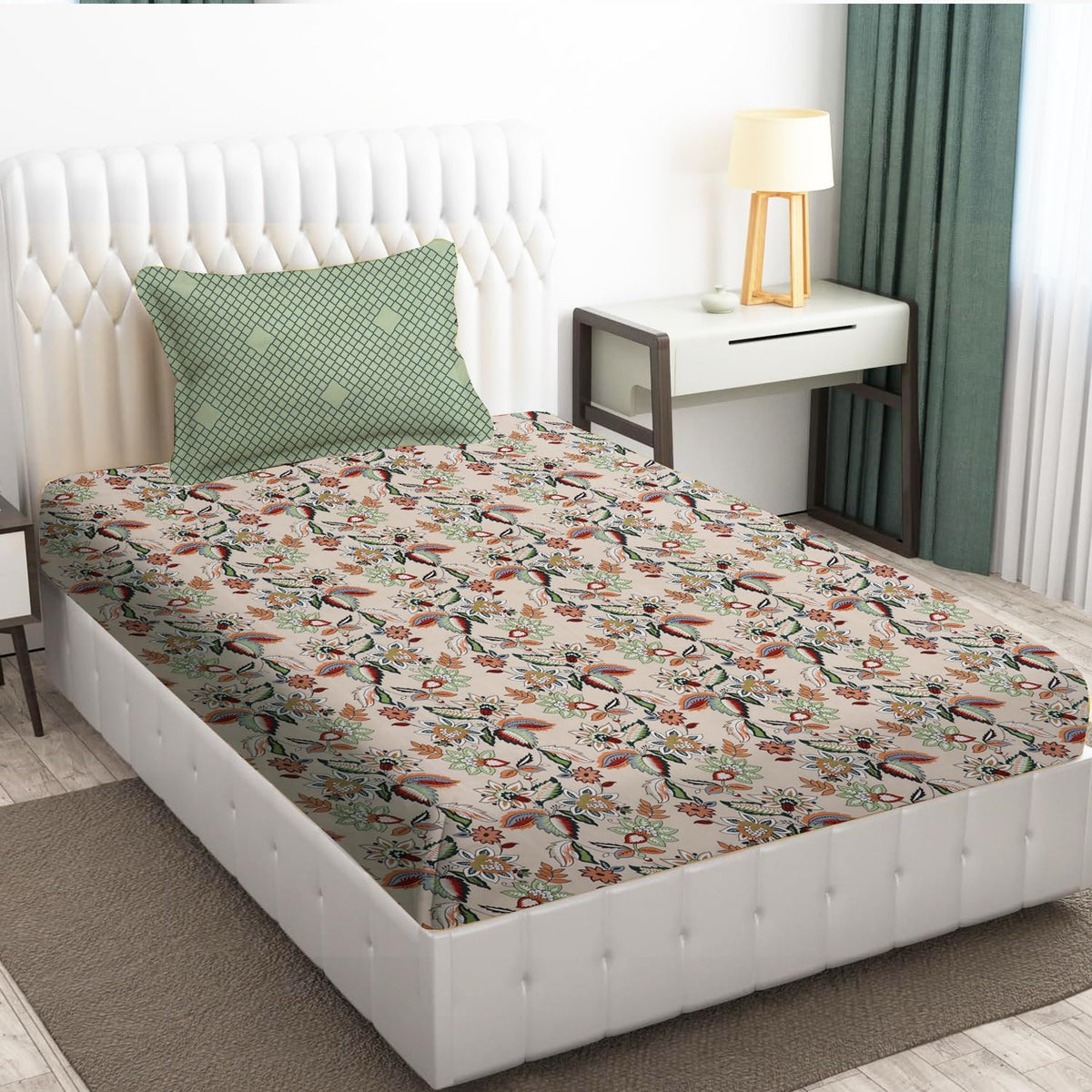 180 TC Print Cotton 1 Single Bedsheet With 1 Pillow Cover - 60 X 90 Inches, Cream & Green | Soft & Breathable Fabric, Skin-Friendly Bed Sheet For All Seasons