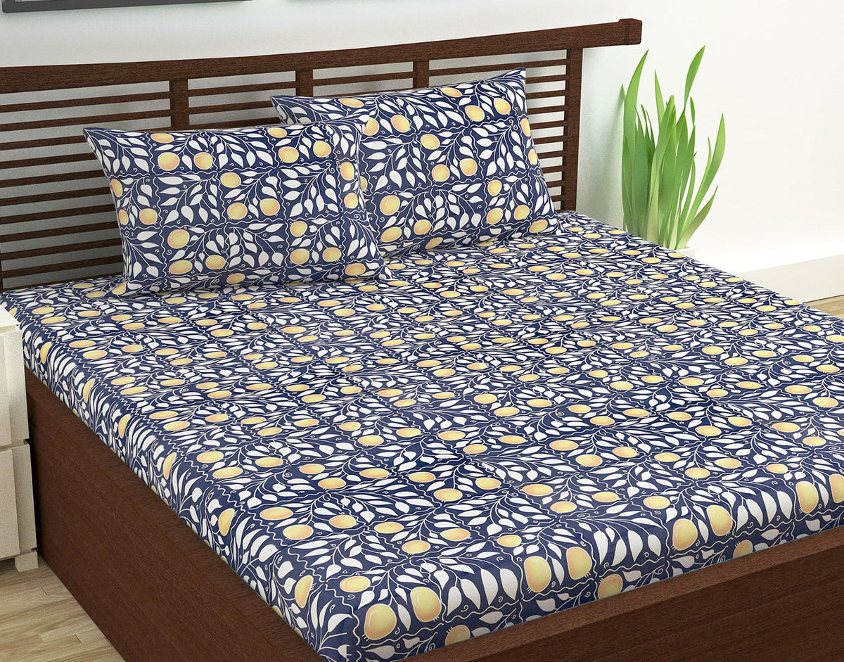 100% Pure Cotton Double Bedsheet For Queen With 2 Pillow Covers - 87 X 100 Inches, Navy & Orange | Soft & Durable For Everyday Use & Bedroom - All Season Comfort