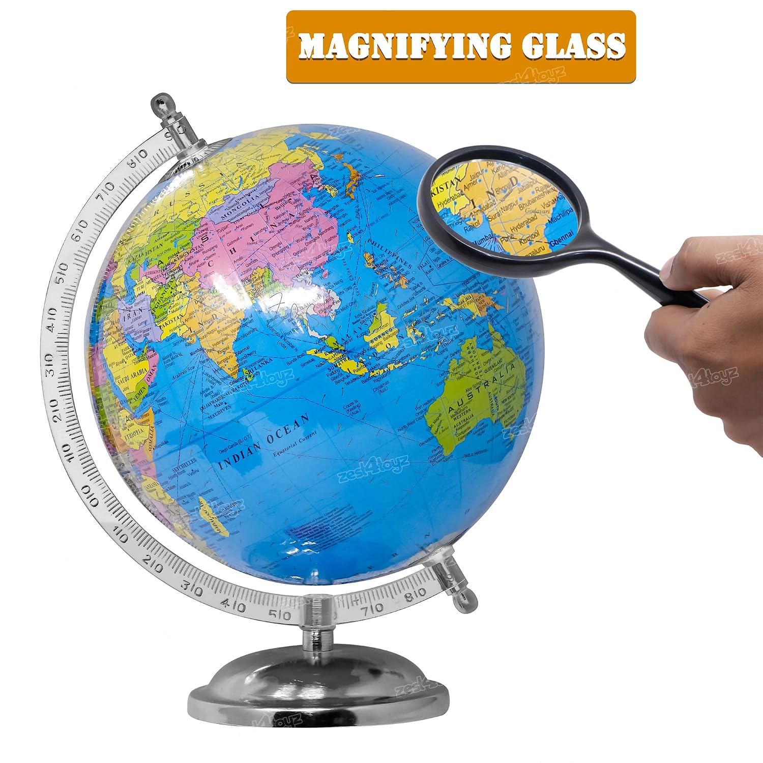 Globe For Kids, Stem Steam Educational World Globe With Magnifying Glass For Kids, Office, Students - 8 Inch (Blue) Political Globe, Pack Of 1