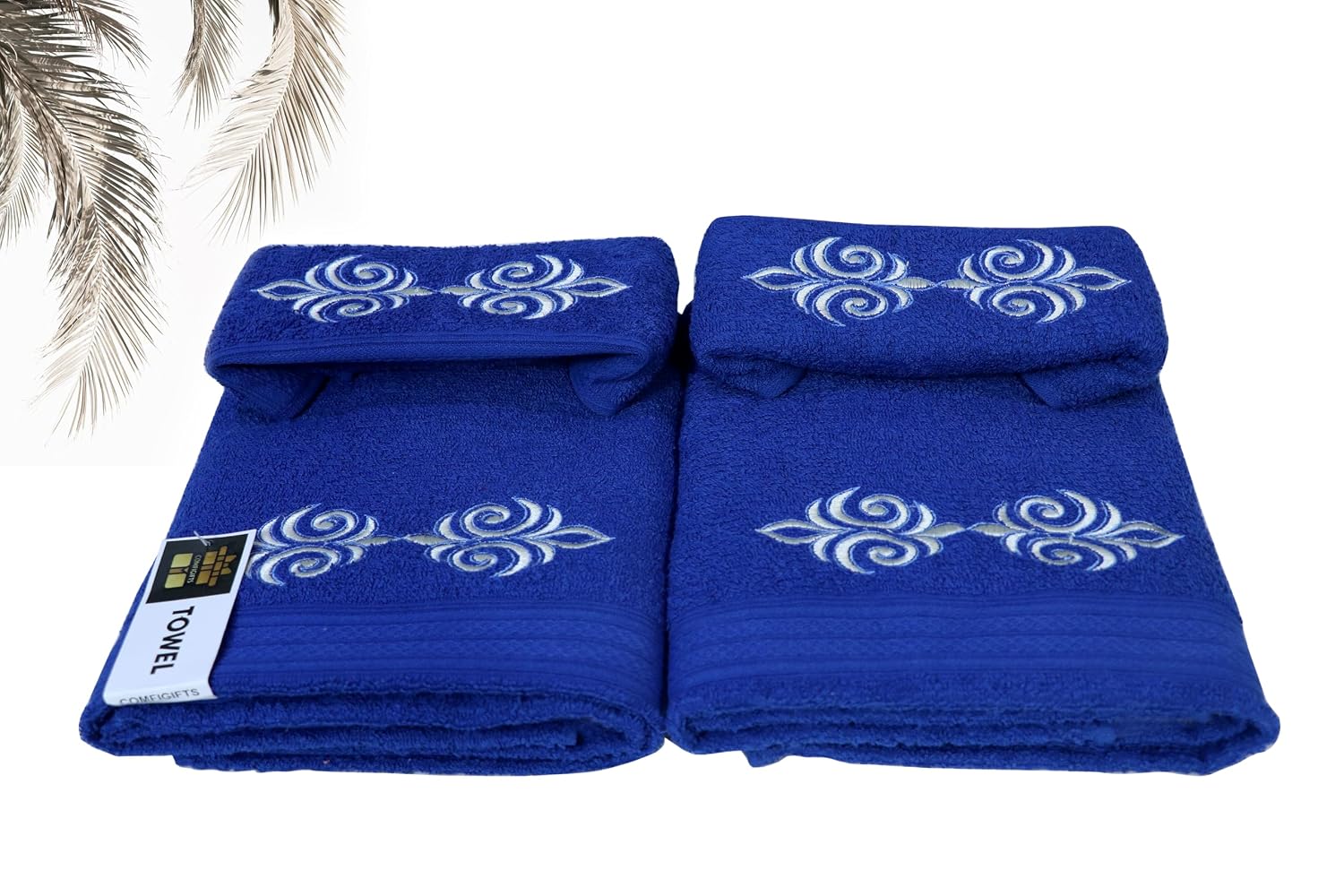 Comfigifts 100% Cotton 2 Bath & 2 Hand Towels 1400 Gsm | Soft, Absorbent, Lightweight Towels With Computerized Embroidery (Royal Blue D1)