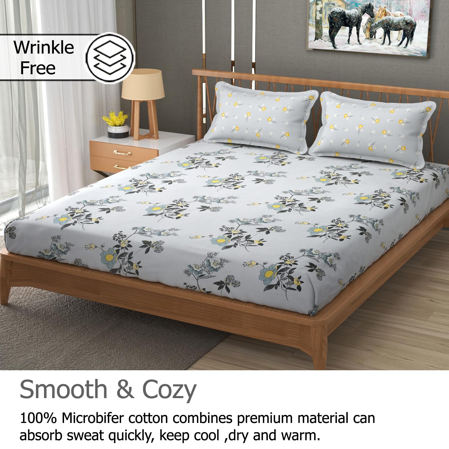 Bedsheet For Double Bed Queen Size With 2 Pillow Cover - 100 X 100 Inches, Grey & Black | Perfect For Gifting On Weddings Bedsheet
