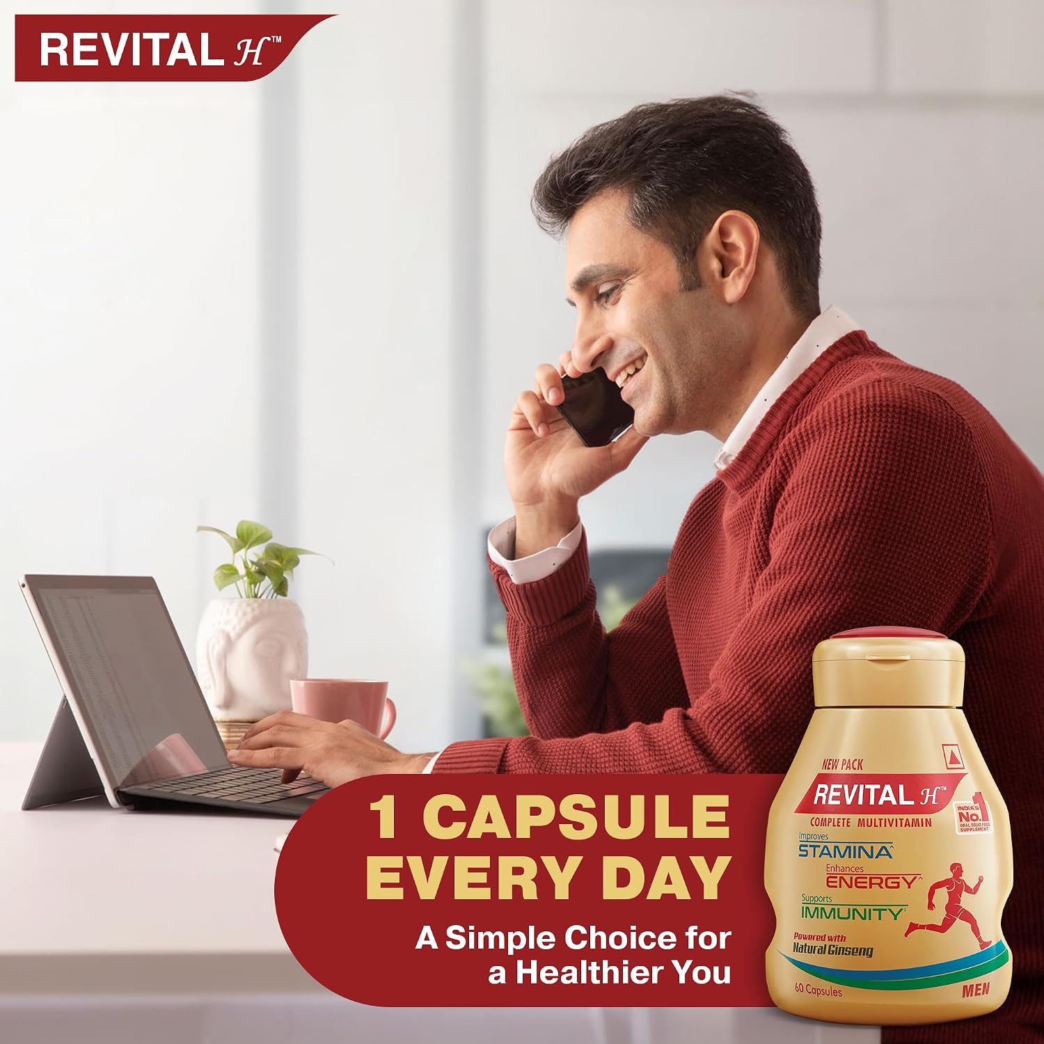 Revital H Multivitamin For Men With Natural Ginseng, Zinc, 10 Vitamins & 8 Minerals For Daily Energy, Stamina & Immunity | 60 Capsules , 100gm 0.2 lbs