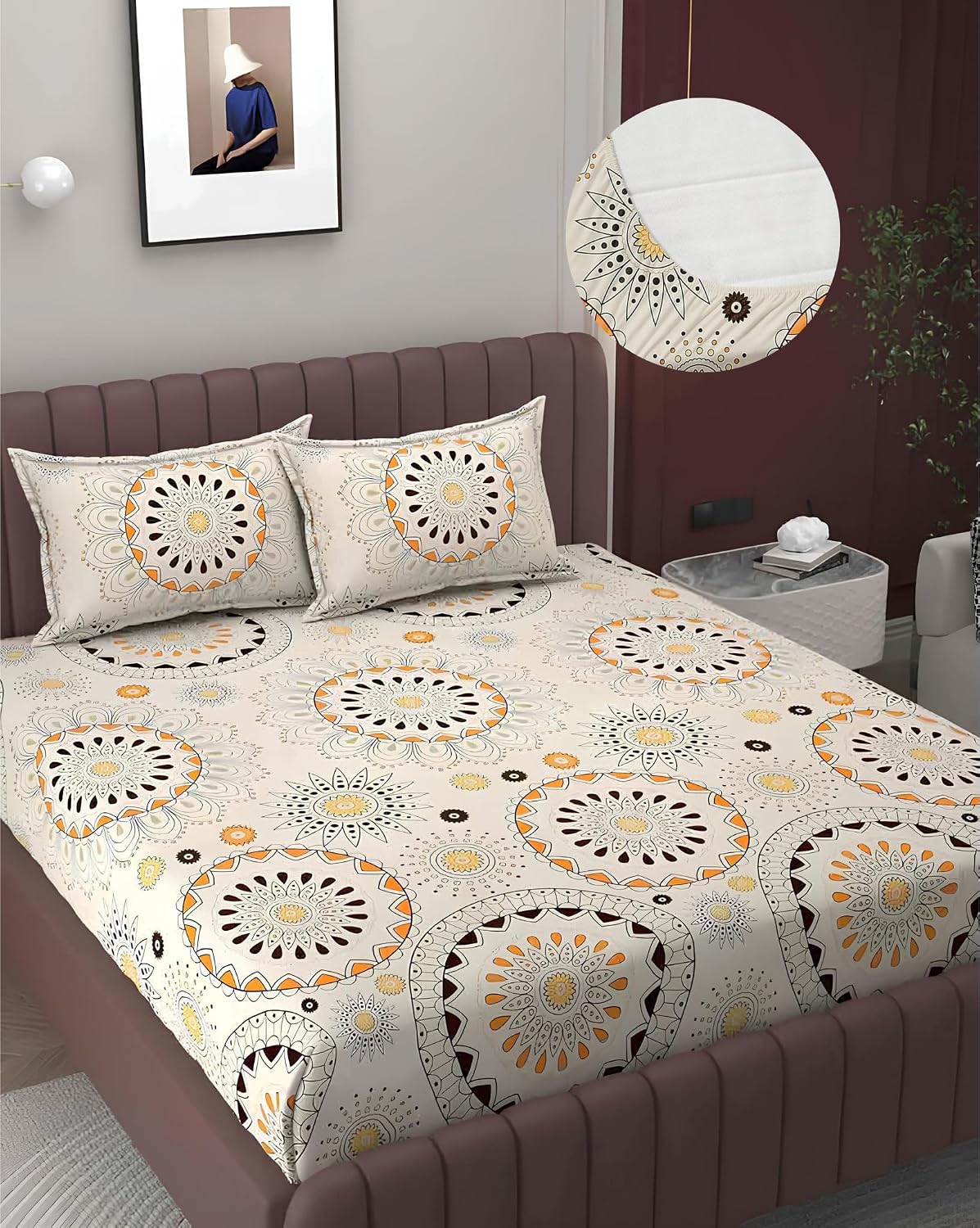 Bedsheet King Size With 2 Pillow Covers (72 X 78 Inches) Cream & Brown | Double Bed With All Around Elastic Fitted - Durable & Long Lasting Wrinkle Resistant Fabric