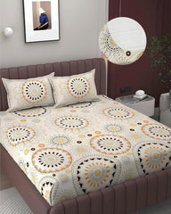 Bedsheet King Size With 2 Pillow Covers (72 X 78 Inches) Cream & Brown | Double Bed With All Around Elastic Fitted - Durable & Long Lasting Wrinkle Resistant Fabric