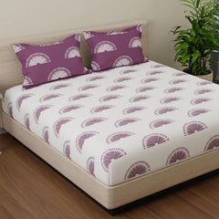 Cotton 144 TC Bedsheets For King Size Bed With 2 Pillow Covers | 108 X 108 Inches, White & Purple | Breathe Easy In Cotton Comfort