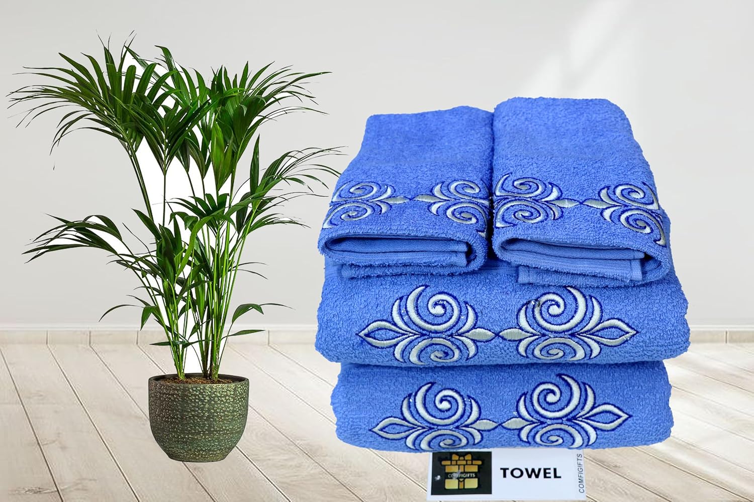 Comfigifts 100% Cotton 2 Bath & 2 Hand Towels 1400 Gsm | Soft, Absorbent, Lightweight Towels With Computerized Embroidery (Light Blue D1)