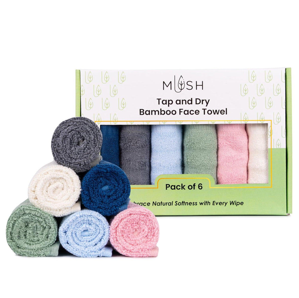 Mush 100% Bamboo Tap & Dry Face Towel 500 Gsm | Ultra Soft, Absorbent, Quick Dry Towels For Facewash, Sports, Travel | Suitable For Sensitive & Acne Prone Skin | Set Of 6