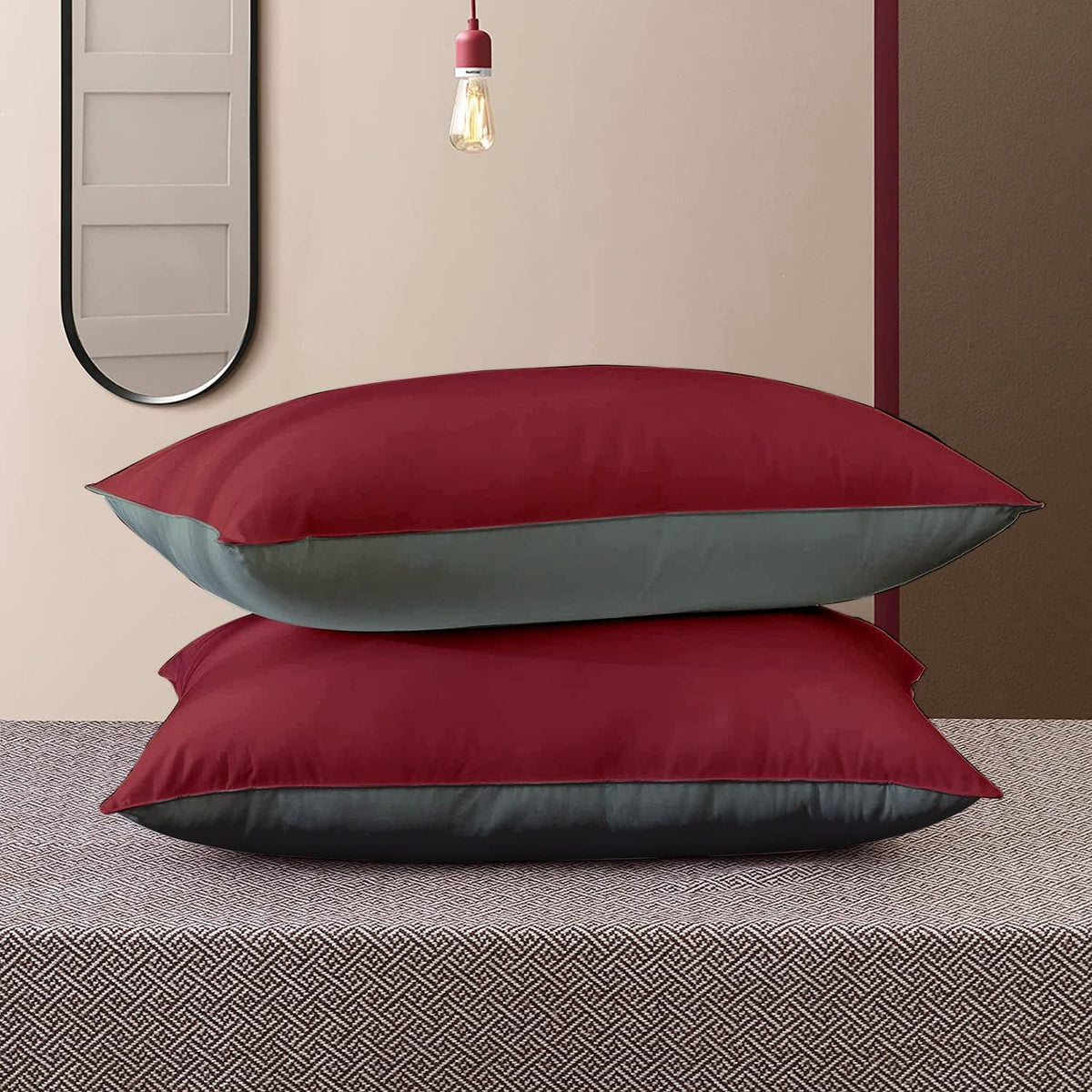 Premium Microfiber Soft Pillow For Sleeping, Maroon & Grey, King Size - 17 X 27 Inches | Comfy Hotel Comfort Pillow, Vacuum Packed | Bed Pillow, Hypoallergenic, Lightweight - Set Of 2