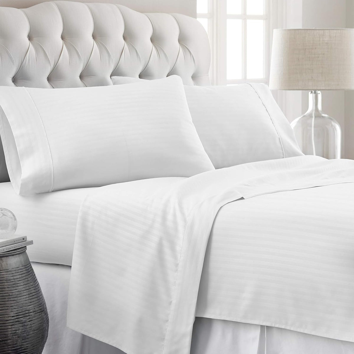 Striped King Size Fitted Bedsheet With 2 Pillow Cover - 72 X 78 + 12 Inches, White | Comfortable, Wrinkle Resistant, Fade Resistant & Environmentally Friendly