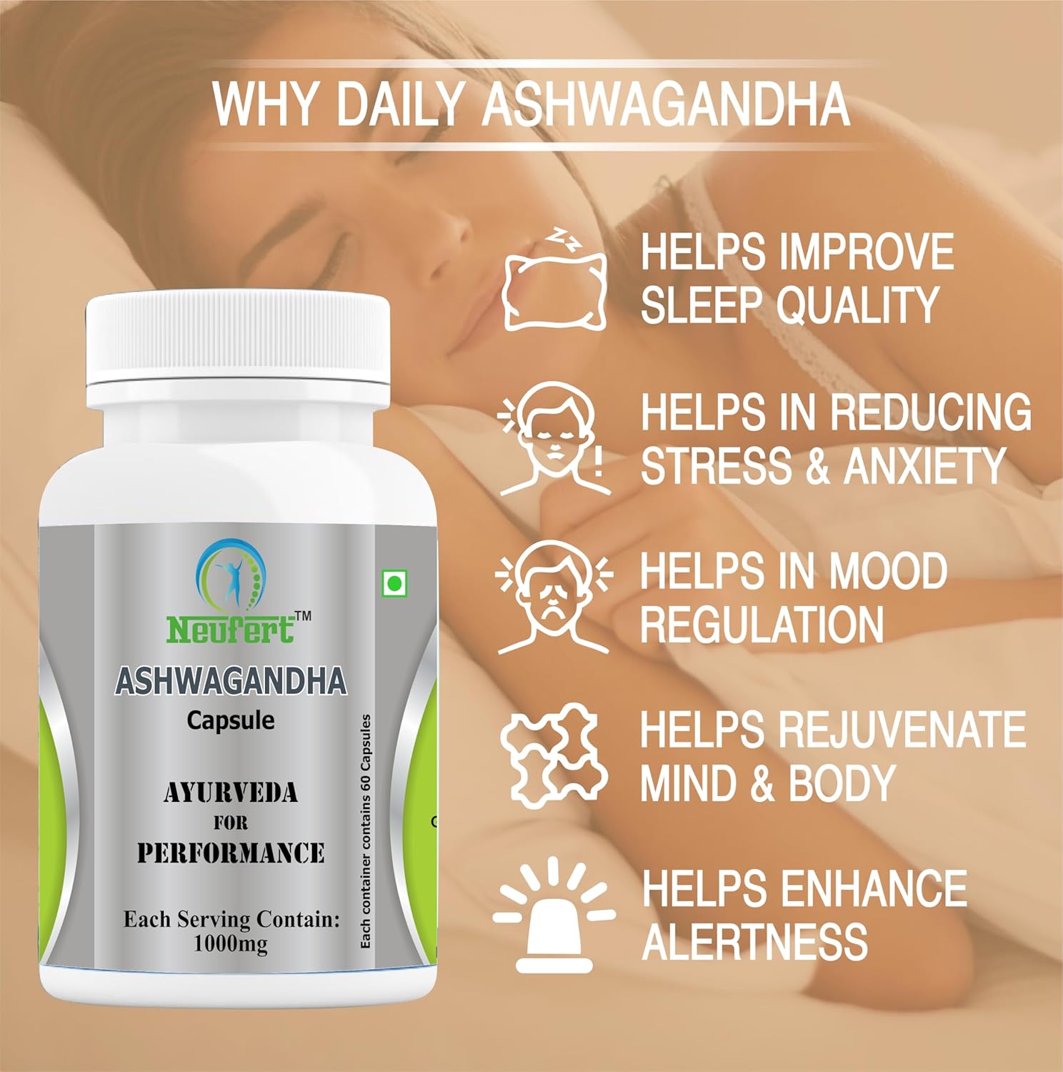 Neufert Ashwagandha Capsule Ashwagandha Root Extract, Support Mental Clarity, Energy Levels & Overall Wellness | 60 Veg Capsules 100gm 0.2lbs