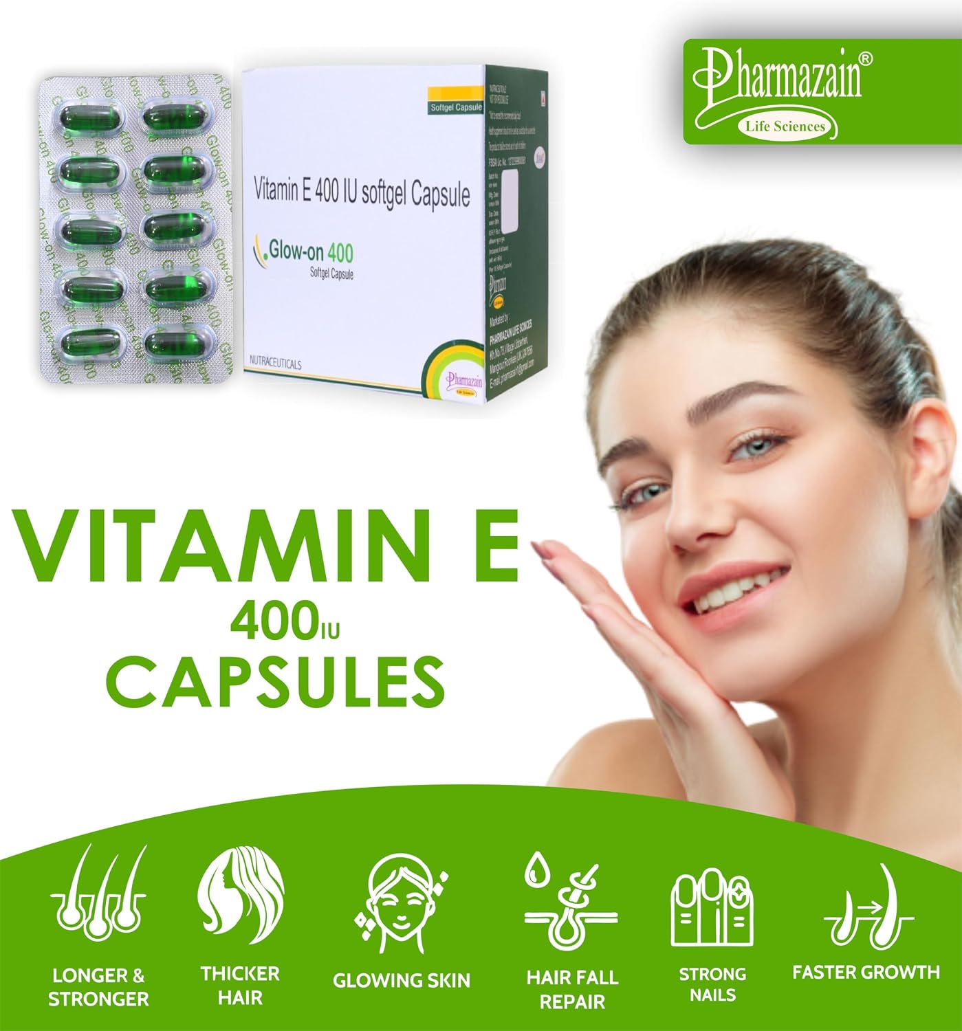 Pharmazain Life Sciences Vitamin E Capsules For Face & Hair | 400mg Vitamin E Capsule For Beautiful Glowing Face, Healthly Skin, Hair & Eyes Nutrition | 50 Capsules 5 Strips , 150gm 0.3lbs