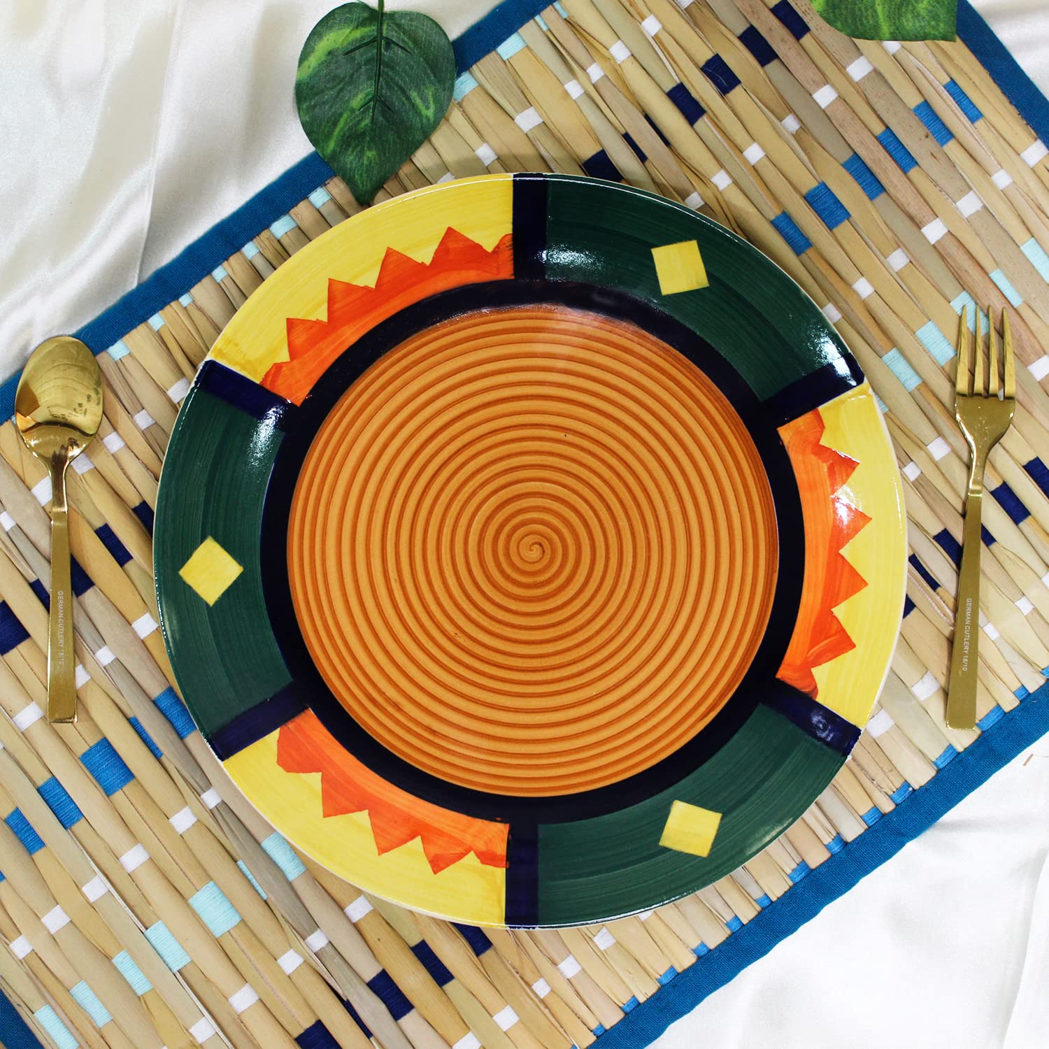 Boho Fiesta Hand Painted Ceramic Dinner Set - 8 Pieces, Multicolor | 4 Dinner Plates + 4 Katori Serving Bowls, 180ml Each Dinnerware Set | Serving For 4, Microwave Safe & Dishwasher Safe