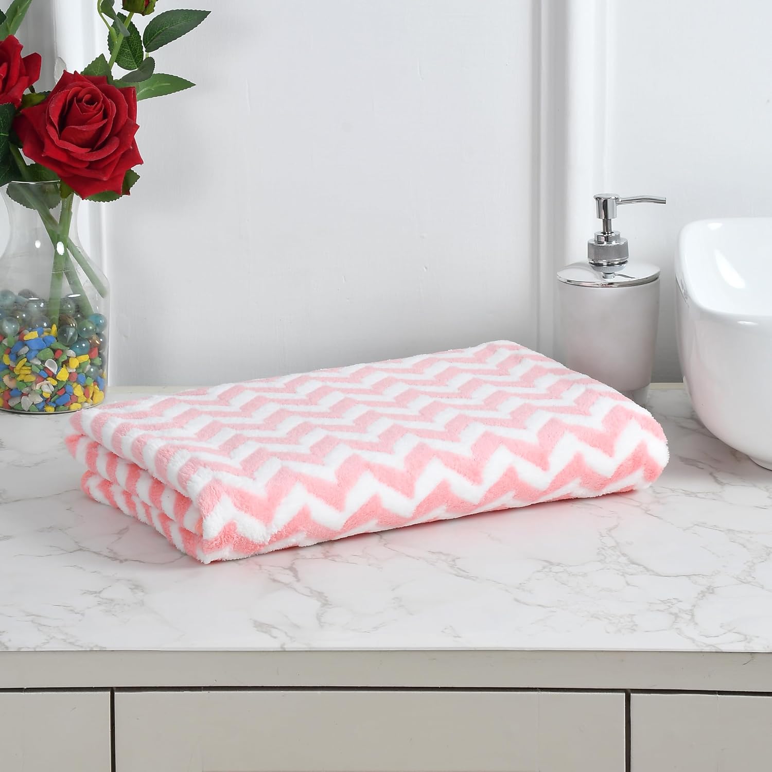Hovent Microfiber Bath Towel 350 Gsm | Super Soft Absorbent Large Size Bath Towel (Pink & White)