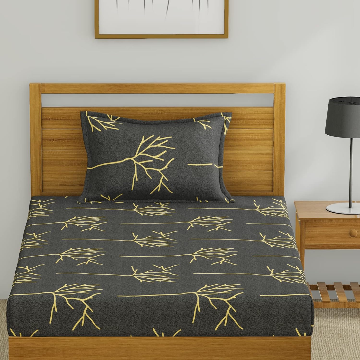 Cotton Single Bedsheet With 1 Pillow Cover + Pillowcase Set (2 Pcs) | 55 X 88 Inches, Yellow & Grey | Breathable & Wrinkle Free Bedsheet