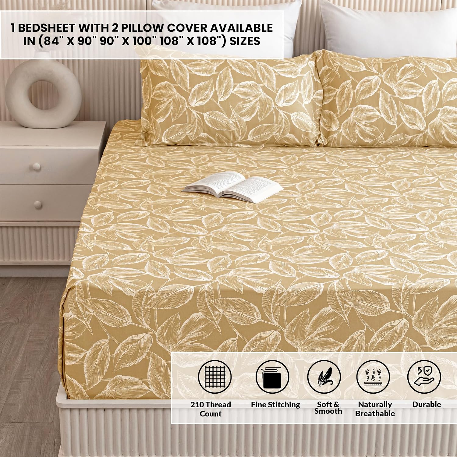 Soft Bedsheets For Queen Size With Two Pillow Cover - 90 X 100 Inches, Golden | Lightweight, Soft, Skin Friendly - Durable Bedsheets For Everyday Comfort