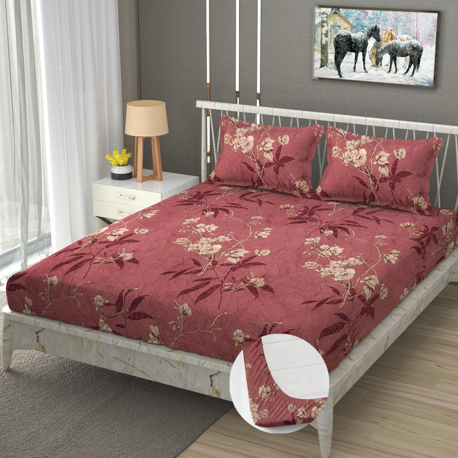 Premium Heavy Cotton Elastic Fitted King Size Bedsheet With 2 Pillow Covers - 72 X 78 X 10 Inches, Maroon | All Weather Comfort & Bedroom