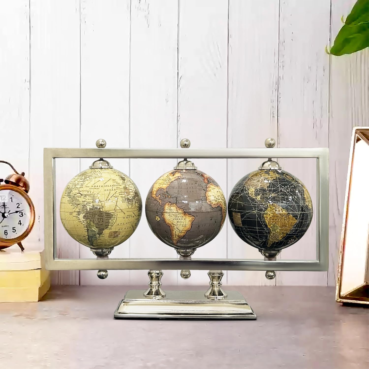 Globe For Office Table Rotating World Map For Kids Room Office Decor, 4 - Inch Diameter Globes With Black Metal Stand For Study Table (Silver Rectangle Frame) Pack Of 1