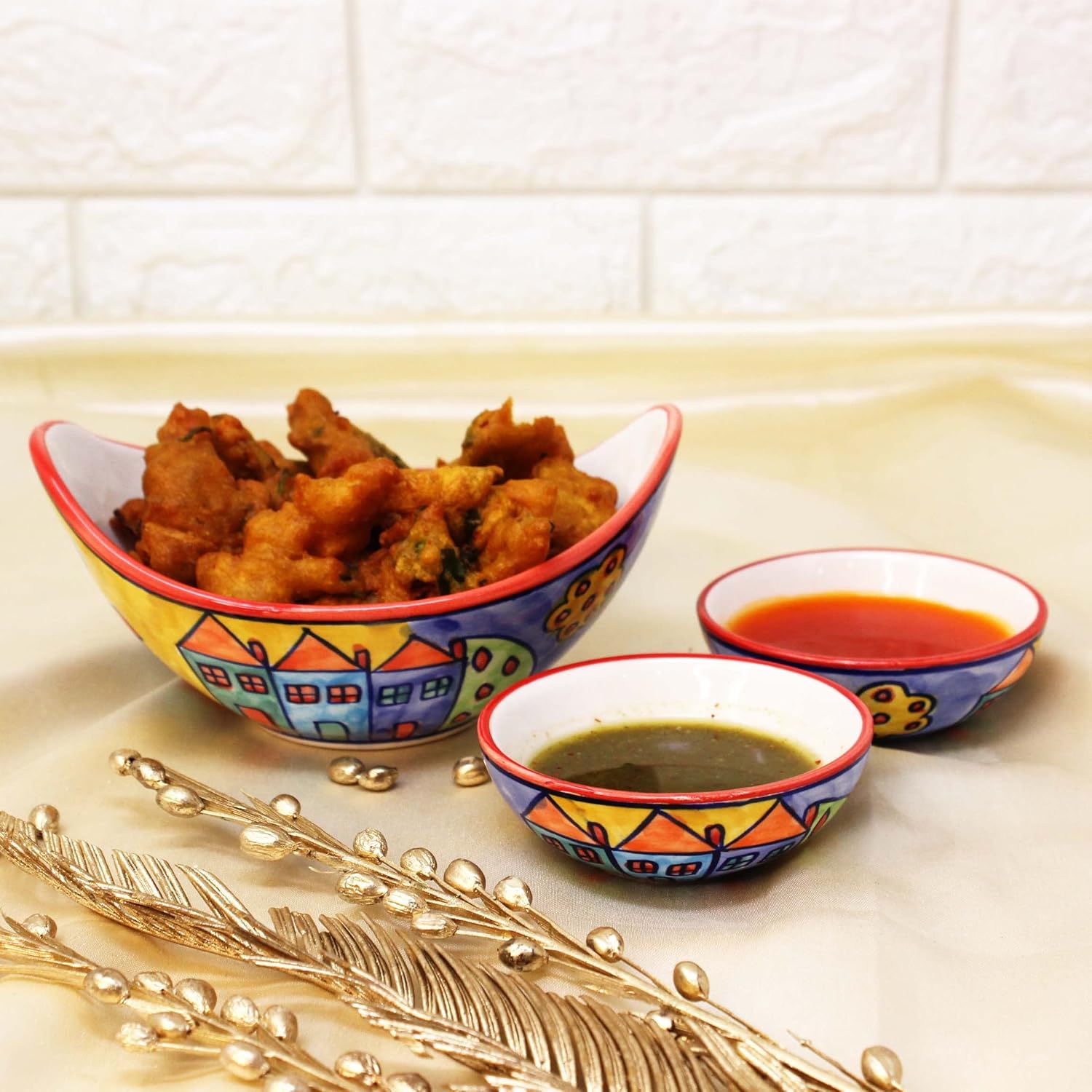 Exotic Panorama Hand Painted Ceramic Serving Bowl Set Of 2 Pcs For Snacks, Dinner - 190ml Each | Ceramic Snack Bowls | Microwave Safe & Dishwasher Safe