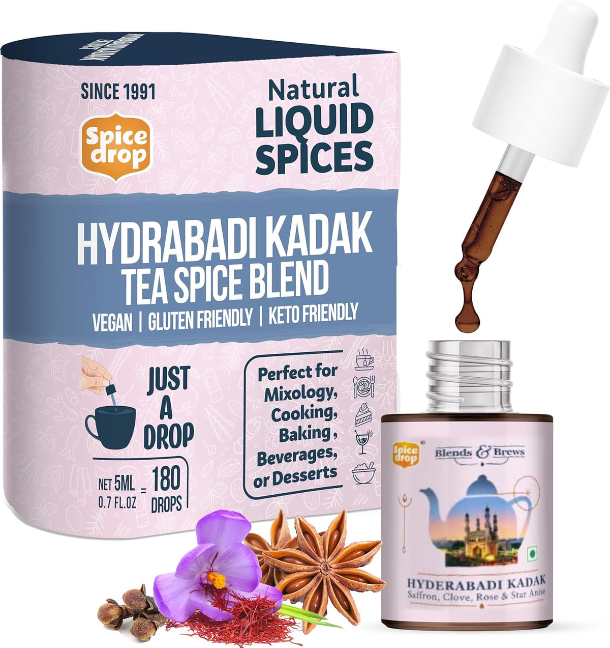 Spice Drop Hyderabadi Kadak Tea Spice Blend - 180 Cups, 5ml, 0.1 Fl.Oz. | Contains Rose, Saffron & Clove - Chai Masala Drops | GMO Free, No Preservatives, Gluten Friendly, Keto Friendly