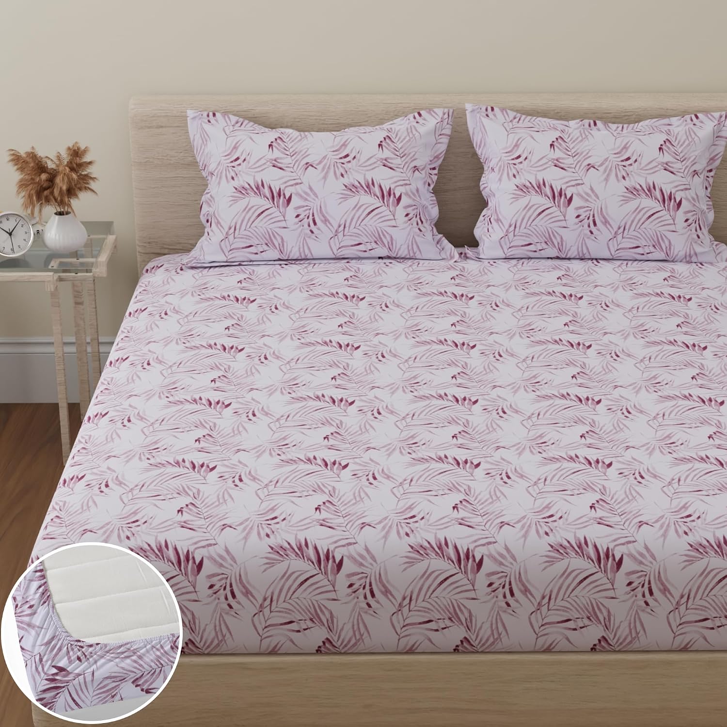 Bedsheets For King Size Bed Cotton With 2 Pillow Covers - 72 X 78 Inches, Maroon & White | All Around Elastic Fitted | Long Lasting & Soft To Touch