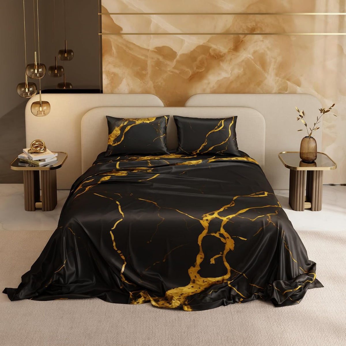 Super King Bedsheet With 2 Pillow Covers & Comforter - 108 X 108 Inches, Black & Gold | Hypoallergenic, Breathable, Gentle On Skin & Hair, Fade & Wrinkle Resistant, Wedding Gift For Couples