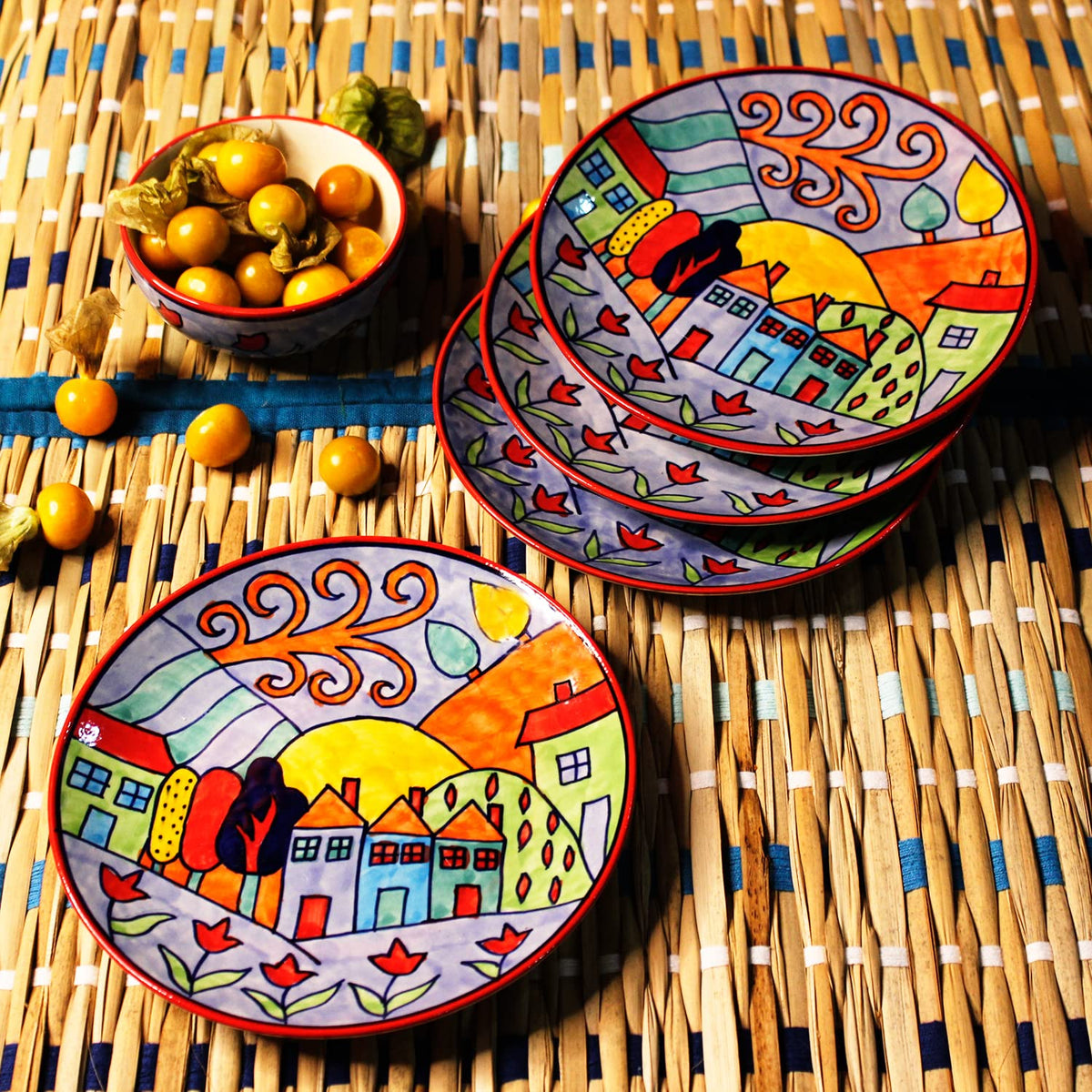 Exotic Panorama Hand Painted Ceramic Quarter Plates Set Of 4 - Multicolor | Small Side Plates For Dinner & Snacks - 7 Inch, 4 Pieces, Microwave Safe
