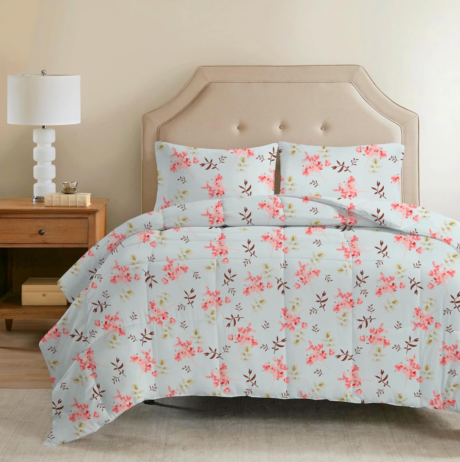 Double Bedsheet 1 Comforter 2 Pillow Covers - 90 X 100 Inches, Sky Blue & Pink, 4 Pcs Bedding Set | Cotton Summer Ac Comforter Set King Size Double Bed