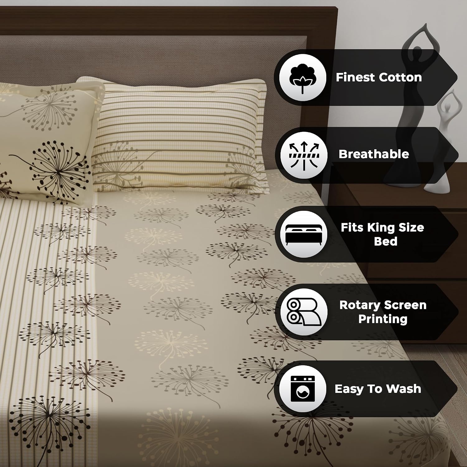 Cotton Double Bedsheet For King Size With 2 Pillow Covers - 108 X 108 Inches, Beige | Perfect For Home Decor & Gifting | 186 Thread Count