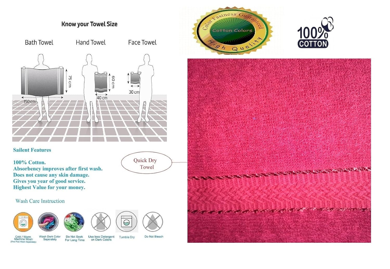 Cotton Colors Large Size Hand Towel 1200 Gsm (Pack Of 6) - Maroon