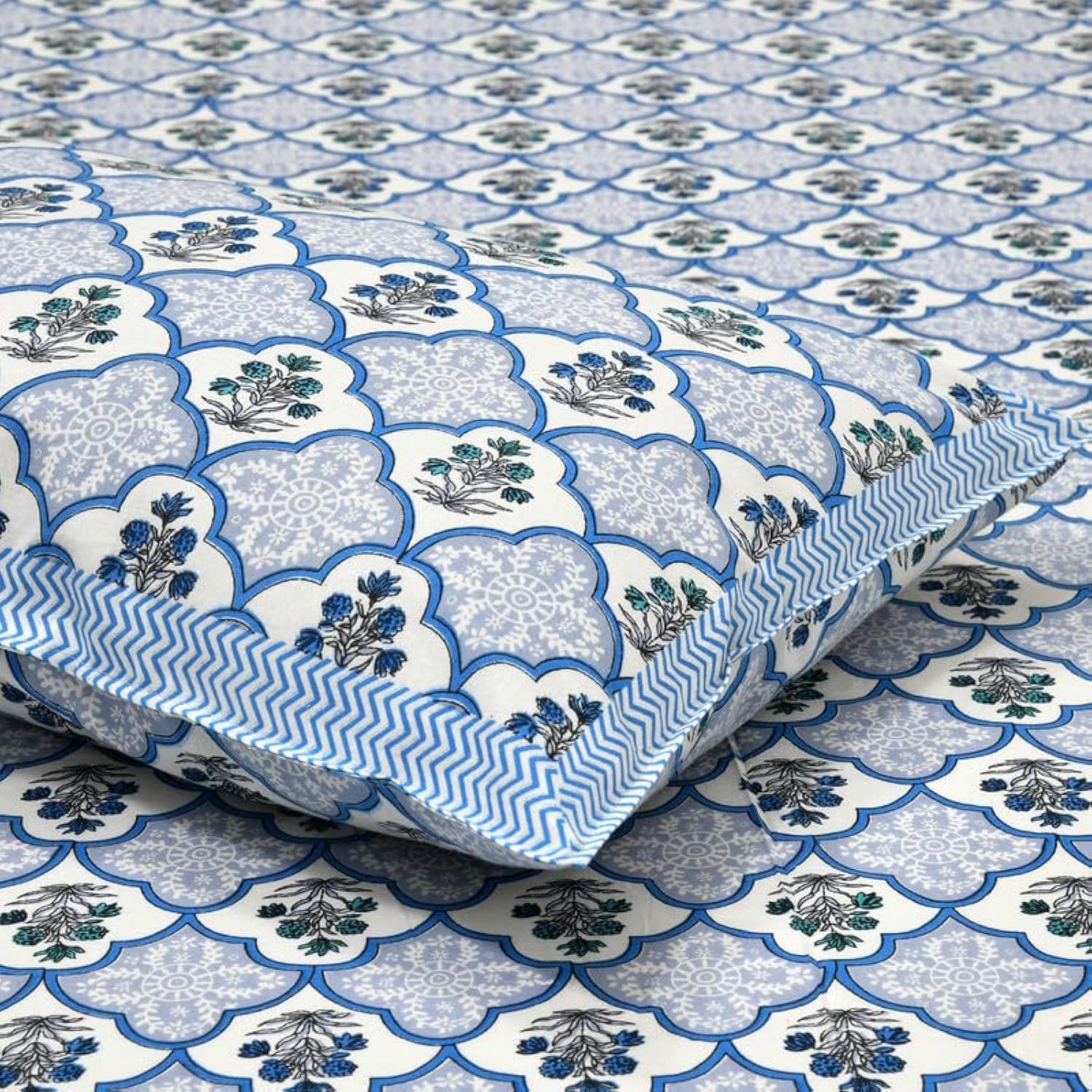 Cotton King Size Bedsheet With 2 Matching Pillow Covers - 90 X 108 Inches, Blue & White | Designer Printed Bedsheet Set - Naturally Soft, Breathable, & Skin-Friendly