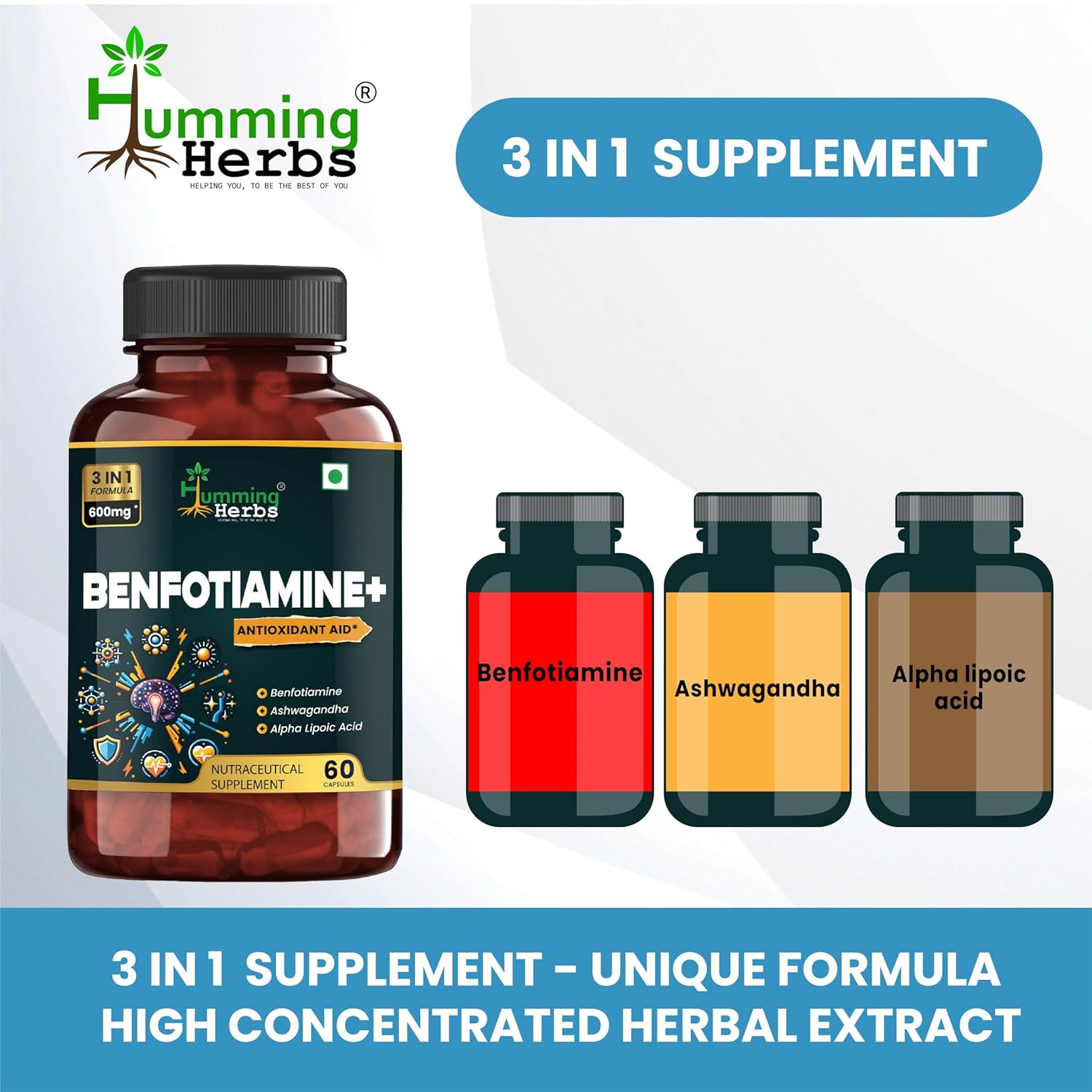 Humming Herbs Benfotiamine+ 600mg With Ashwagandha & Alpha Lipoic Acid Antioxidant & Energy Support, Promotes Nerve Health & Metabolic Function, Nutraceutical Supplement | 60 Capsules 100gm 0.2lbs
