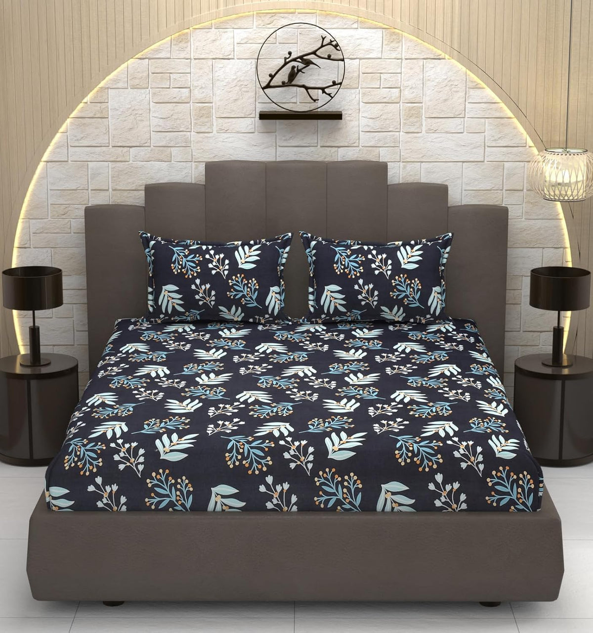 Printed Double Bedsheet With 2 Pillow Cover - 72 X 78 X 6 Inches, Black & Blue | All Around Elastic Fitted Bedsheet | Super Soft Polycotton With 200 Thread Count