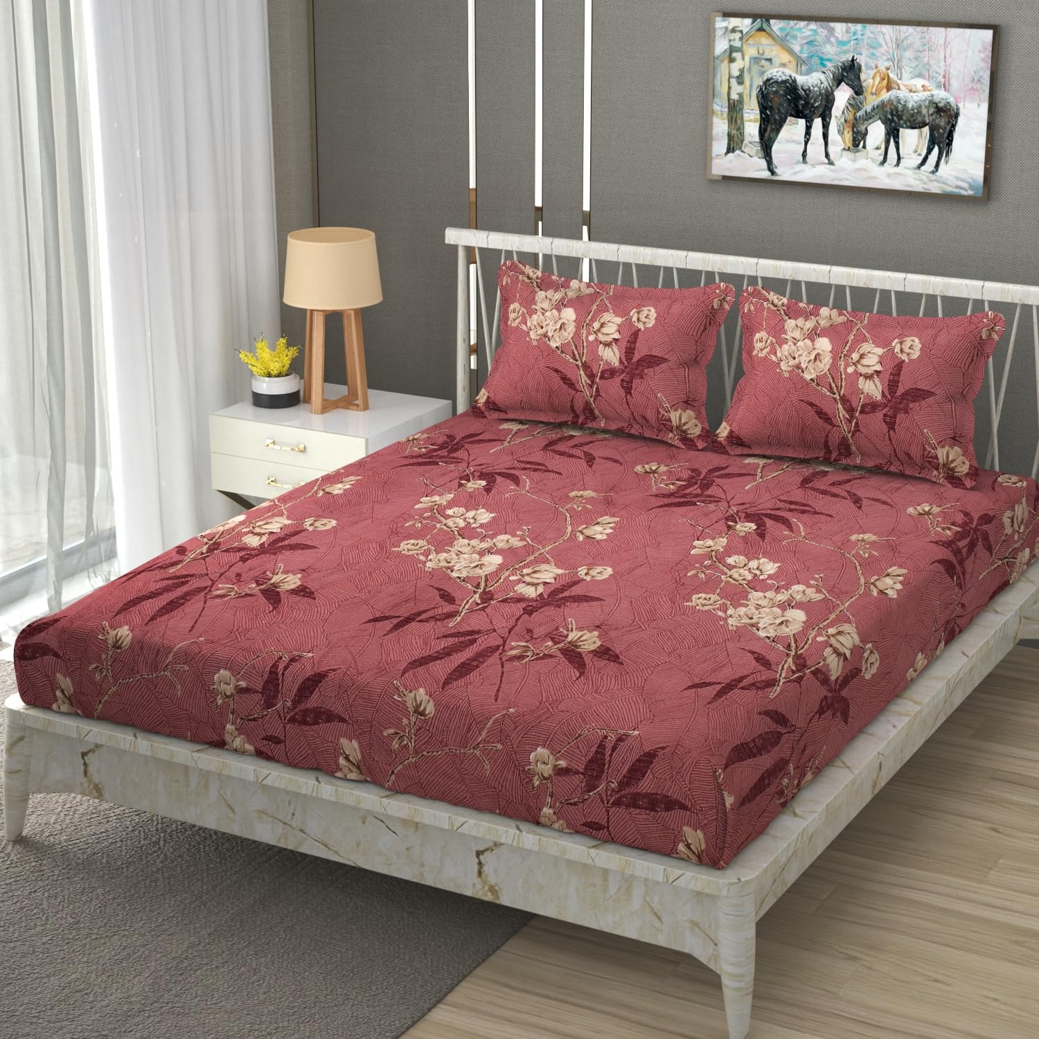 Premium Heavy Cotton Elastic Fitted King Size Bedsheet With 2 Pillow Covers - 72 X 78 X 10 Inches, Maroon | All Weather Comfort & Bedroom