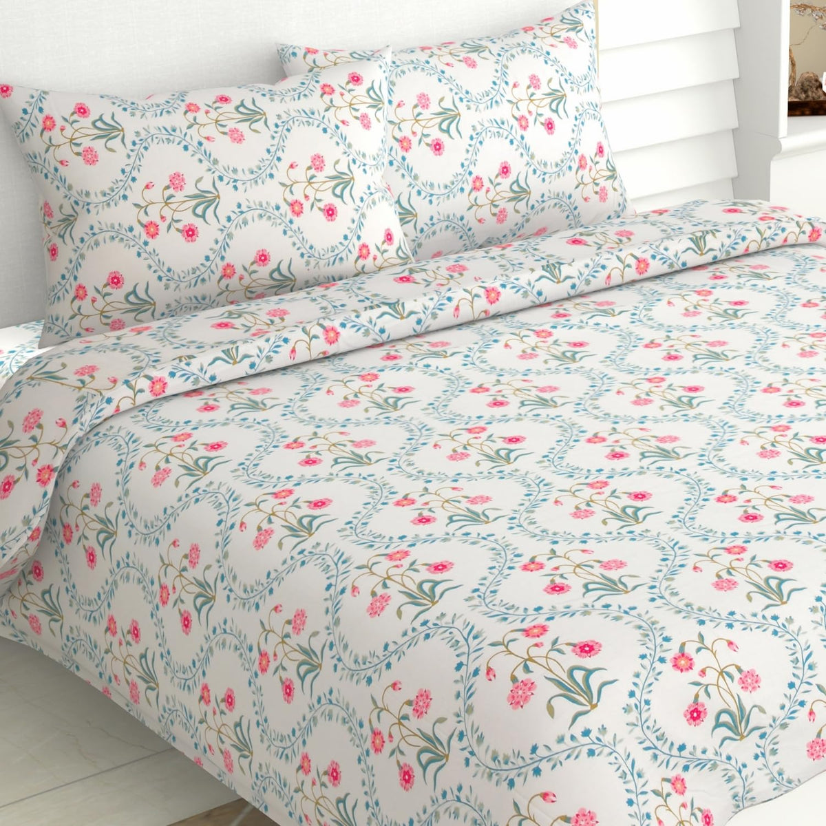 Bedsheet Double Bed For Queen Size - 100 X 90 Inches 2 Pillow Cover, Off White & Pink | Ideal For Everyday Use | Soft, Skin-Friendly & Durable Cotton Fabric