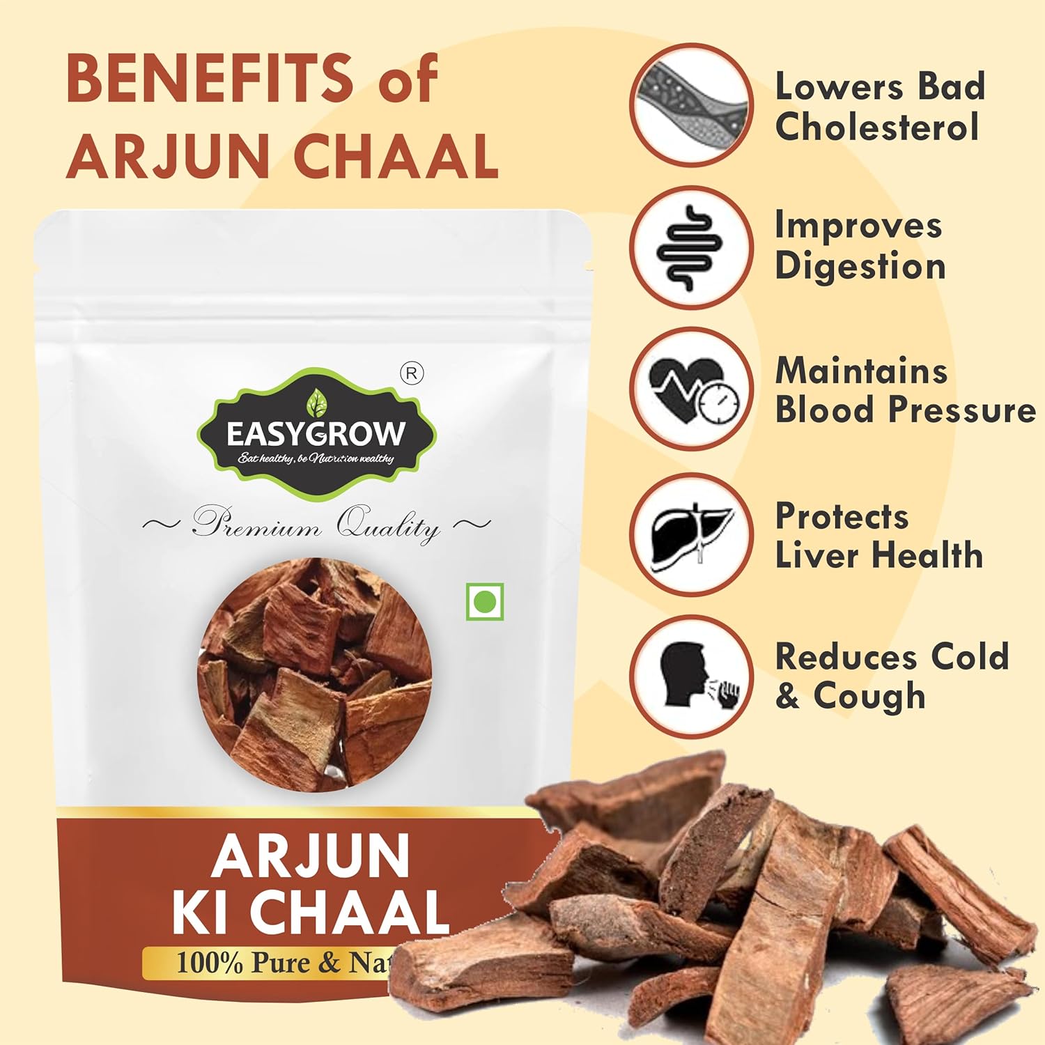 Easygrow Arjun Ki Chaal Dried Arjun Tree Bark, Raw Terminalia Arjuna Bark Lowers Bad Cholesterol | 800gm 1.7lbs
